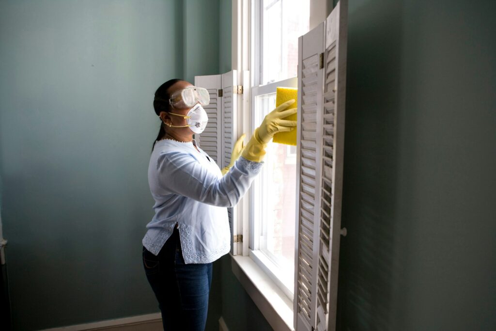 Frau reinigt eine Fensterscheibe