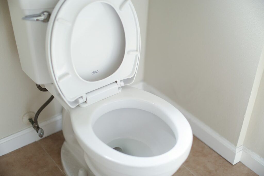 Zwei-Mengen-Spültaste an einer modernen Toilette im Badezimmer